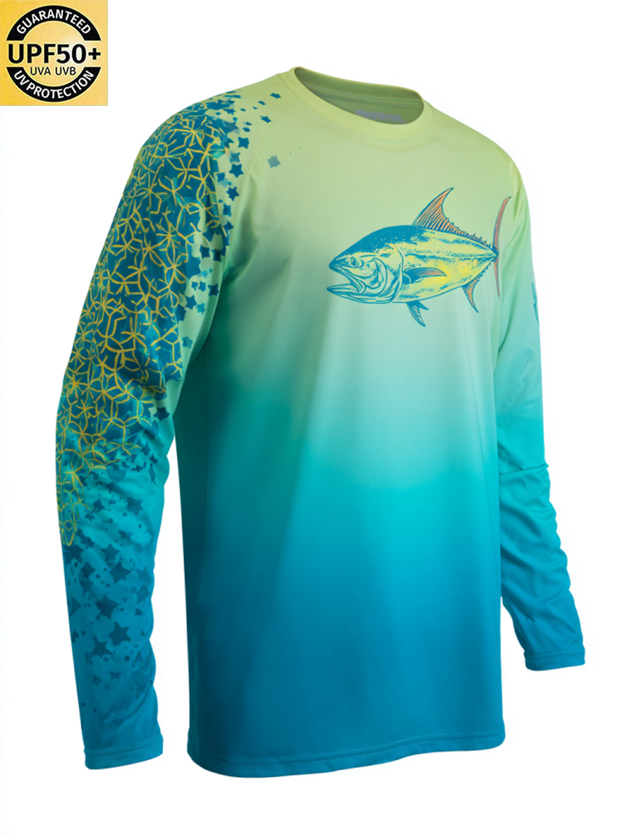Men's Retro Raglan Sleeve Gradient Tuna Geometric Star Print Sun Protection T-Shirt-SunSeaUp