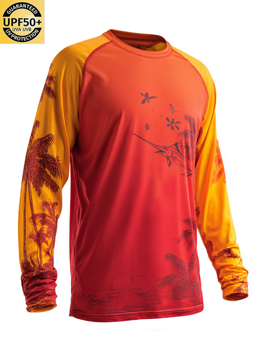 Men's Retro Raglan Sleeve Tropical Palm Sailfish Print Sun Protection T-Shirt-SunSeaUp