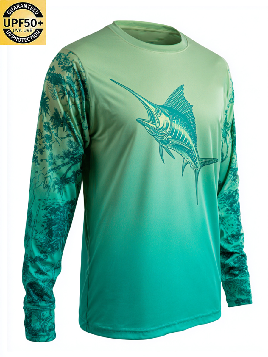 Men's Crew Neck Gradient Green Tropical Marlin Graphic Print Sun Protection T-Shirt-SunSeaUp