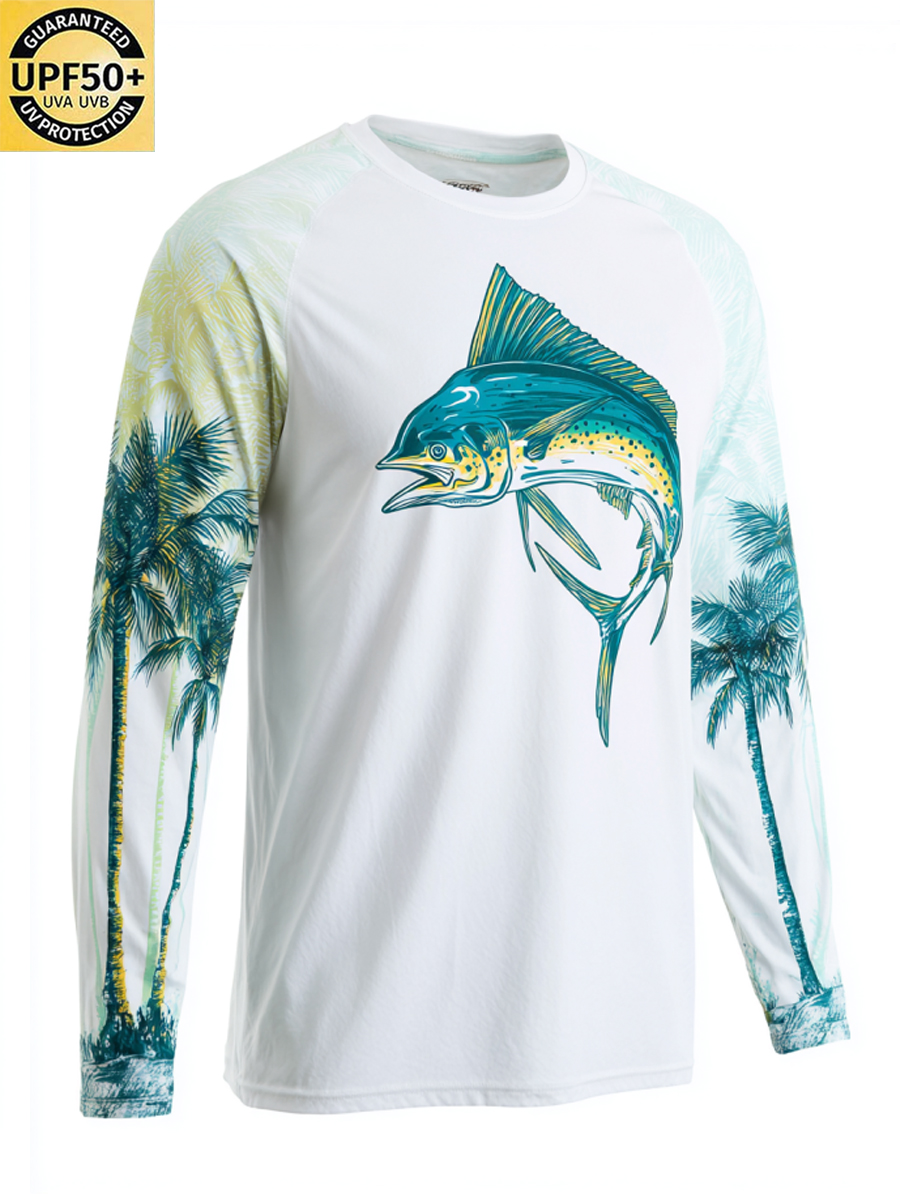 Men's Retro Raglan Sleeve Mahi Mahi Palm Tree Print Sun Protection T-Shirt-SunSeaUp