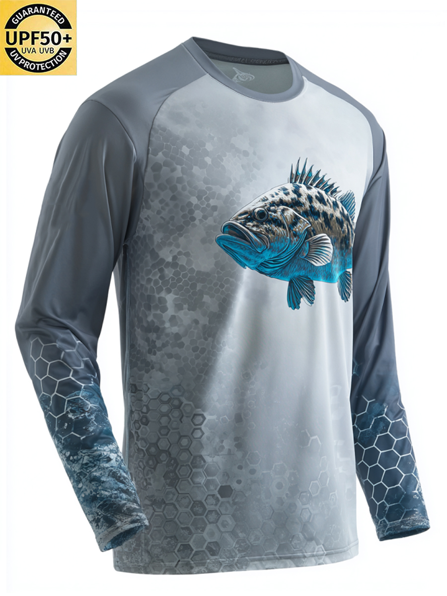Men's Crew Neck Gradient Honeycomb Fish Graphic Print Sun Protection T-Shirt-SunSeaUp