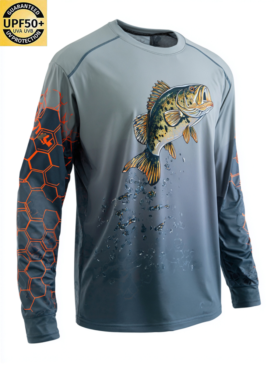 Men's Crew Neck Orange Hex Pattern Largemouth Bass Print Sun Protection T-Shirt-SunSeaUp