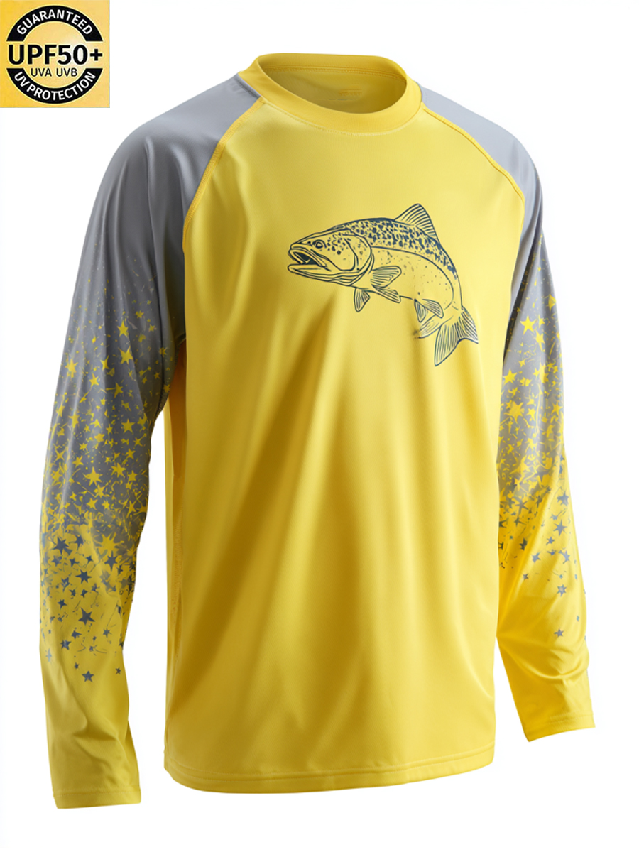 Men's Retro Raglan Sleeve Gradient Star Trout Graphic Print Sun Protection T-Shirt-SunSeaUp