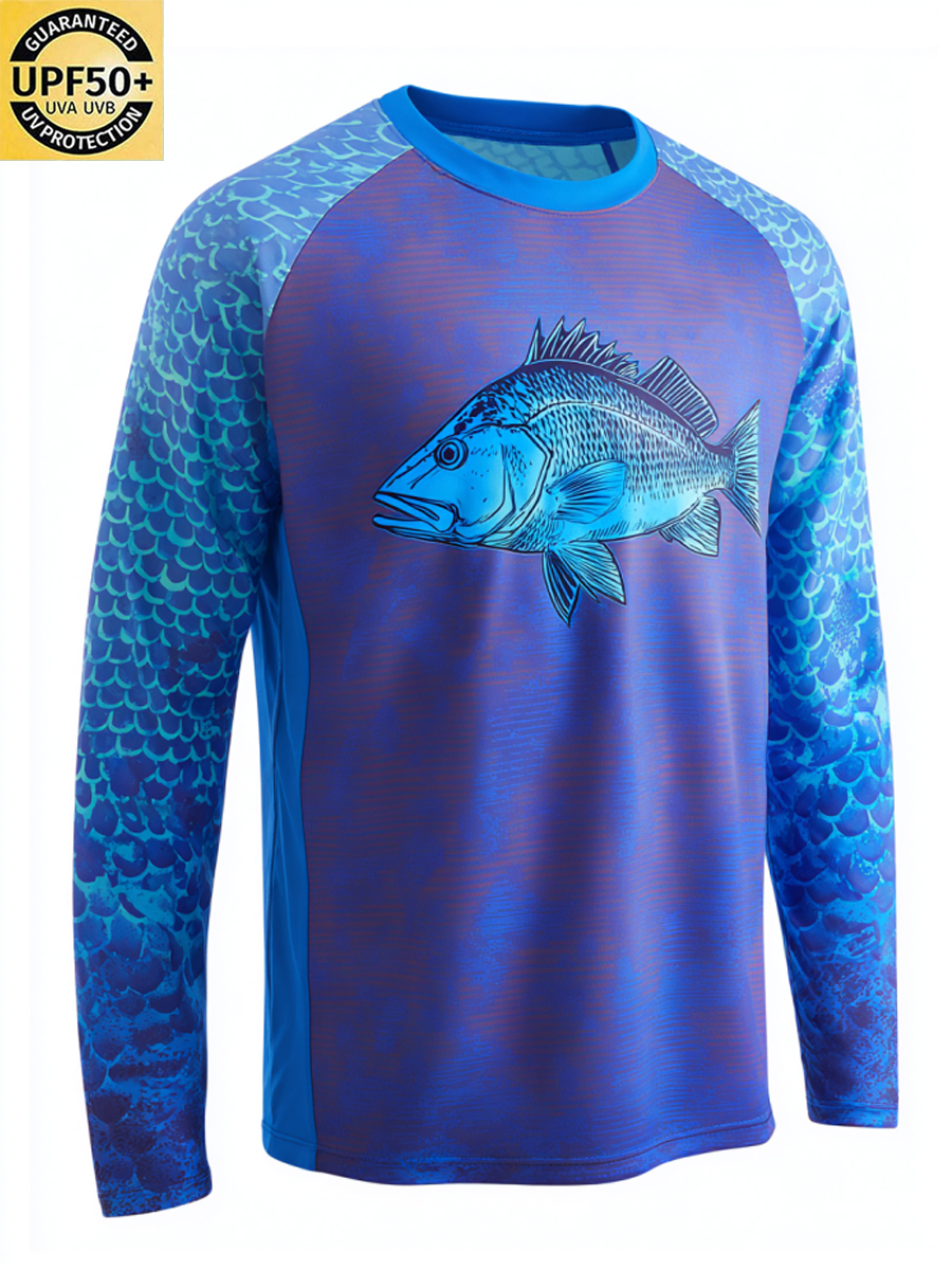 Men's Retro Raglan Sleeve Scale Blue Snapper Graphic Print Sun Protection T-Shirt-SunSeaUp