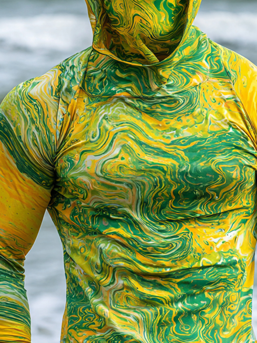 Men's Ocean Swirl Camouflage Pattern Ultra-Cool Breathable Hooded-SunSeaUp