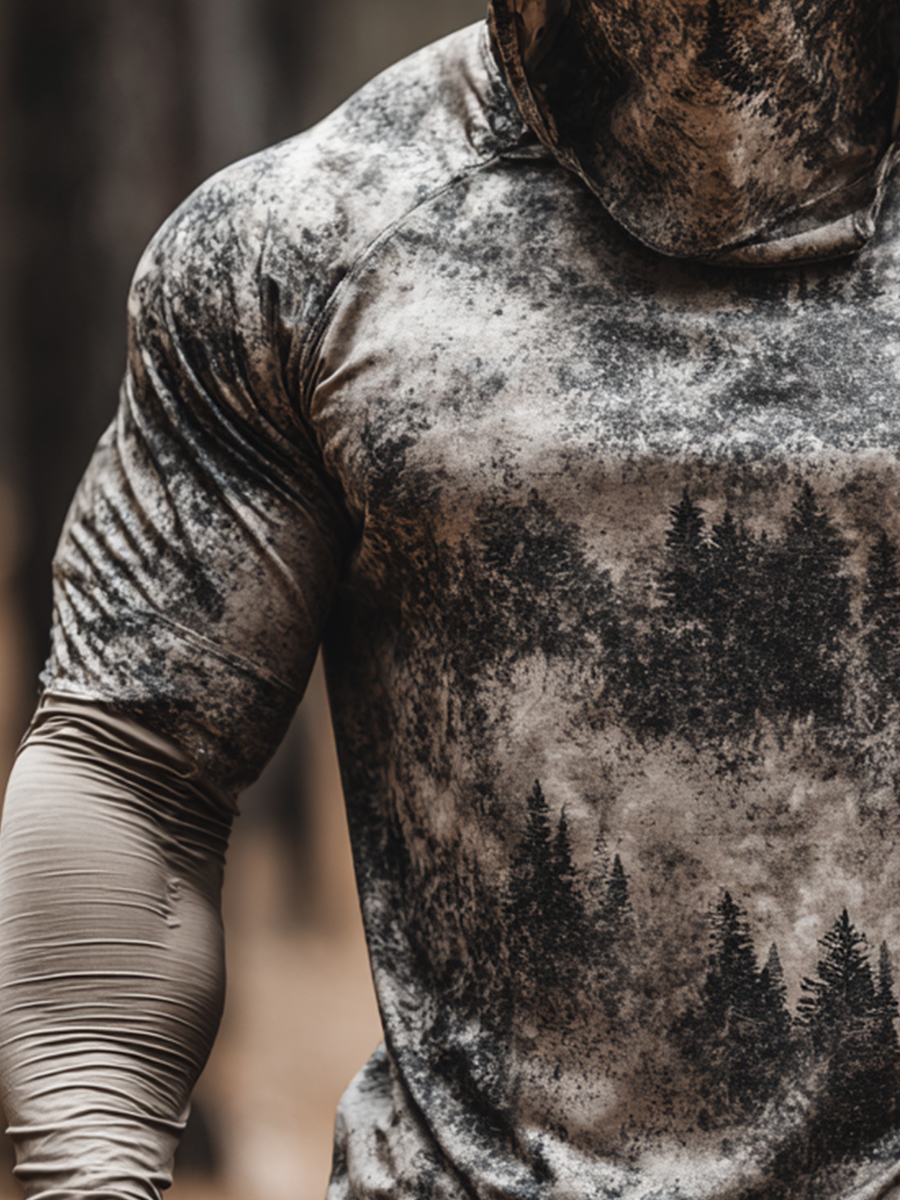 Men's "Forest Camo Print" Cool Breathable Grey-Brown Hooded-SunSeaUp