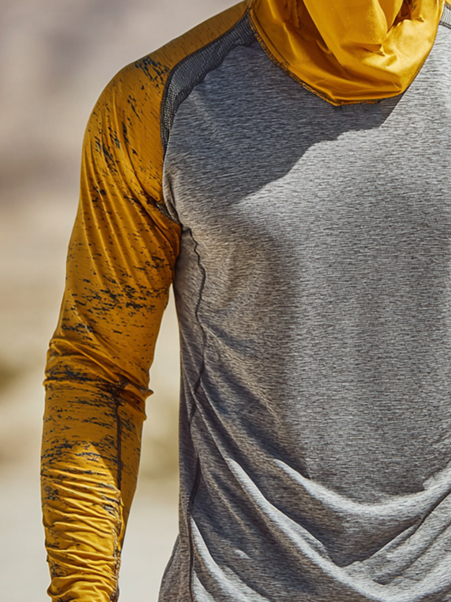 Men's Grey-Yellow Pattern Ultra-Cool Breathable Hooded-SunSeaUp