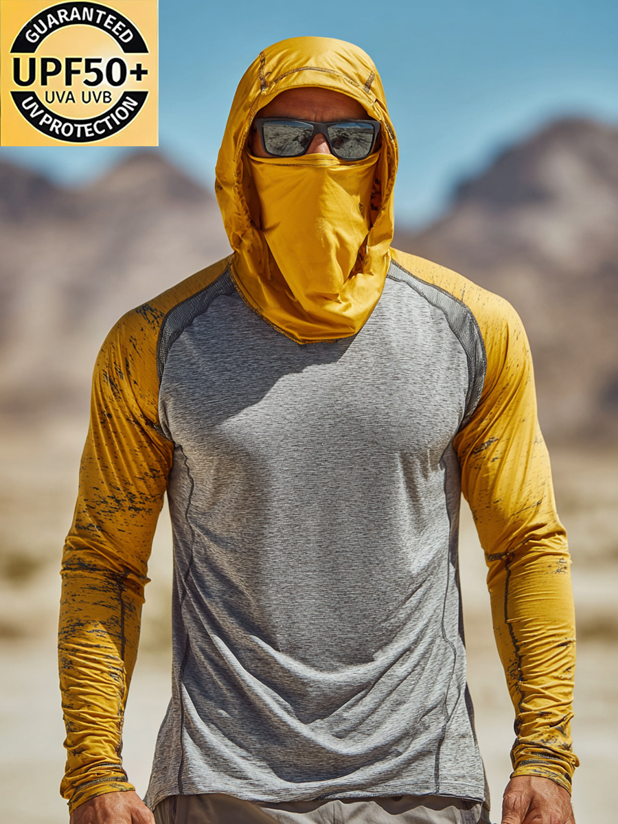 Men's Grey-Yellow Pattern Ultra-Cool Breathable Hooded-SunSeaUp