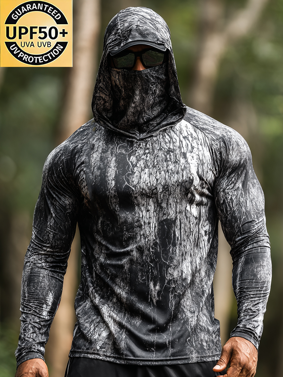 Men's "Black-Grey Tree Bark Camo" Print Cool Breathable Hooded-SunSeaUp