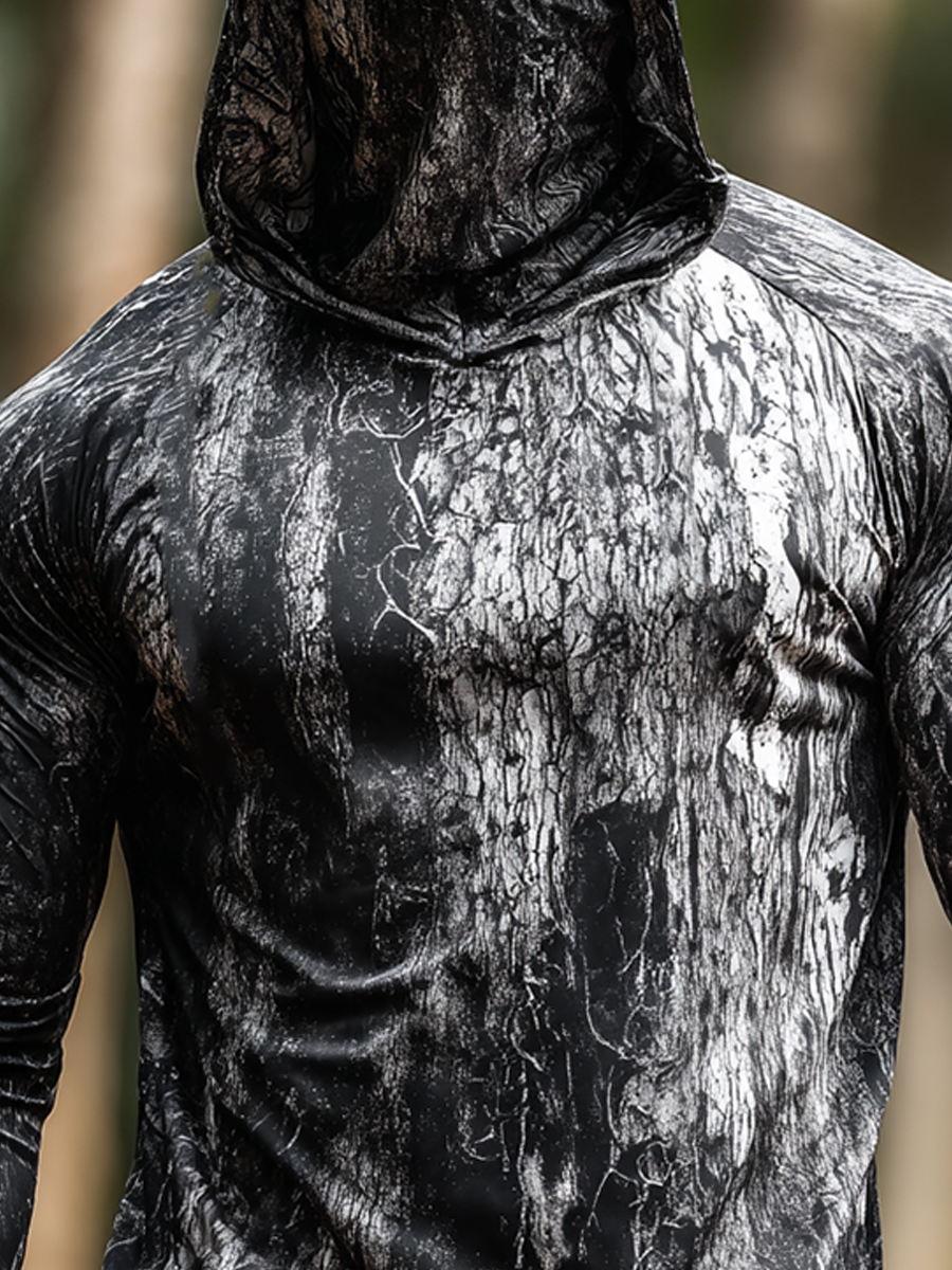 Men's "Black-Grey Tree Bark Camo" Print Cool Breathable Hooded-SunSeaUp