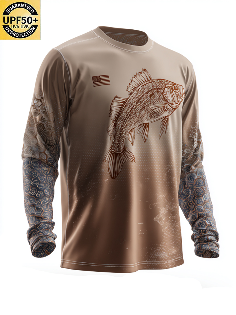 Men'S Crew Neck Silhouette Fish Art Print Sun Protection T-Shirt-SunSeaUp