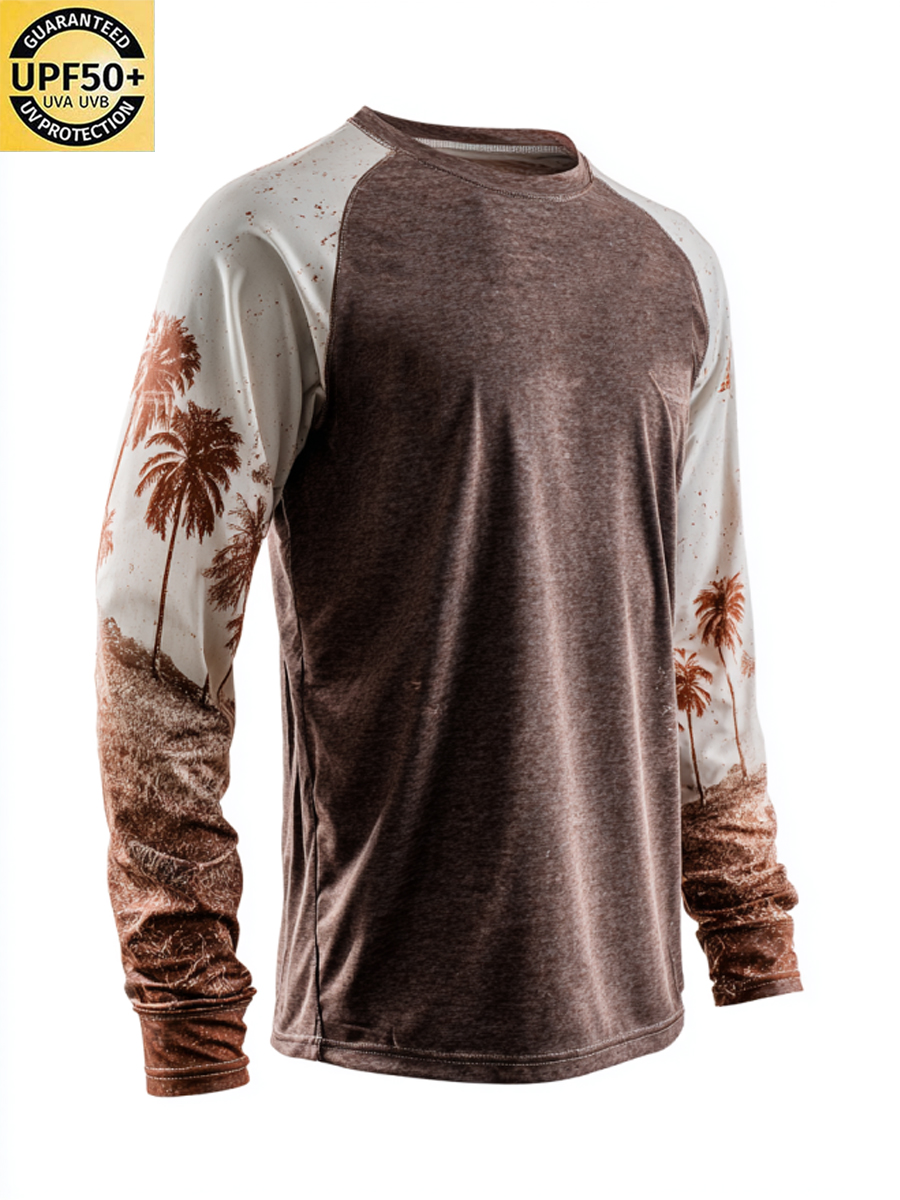 Men'S Retro Raglan Sleeve Silhouette Textured Sun Protection T-Shirt-SunSeaUp