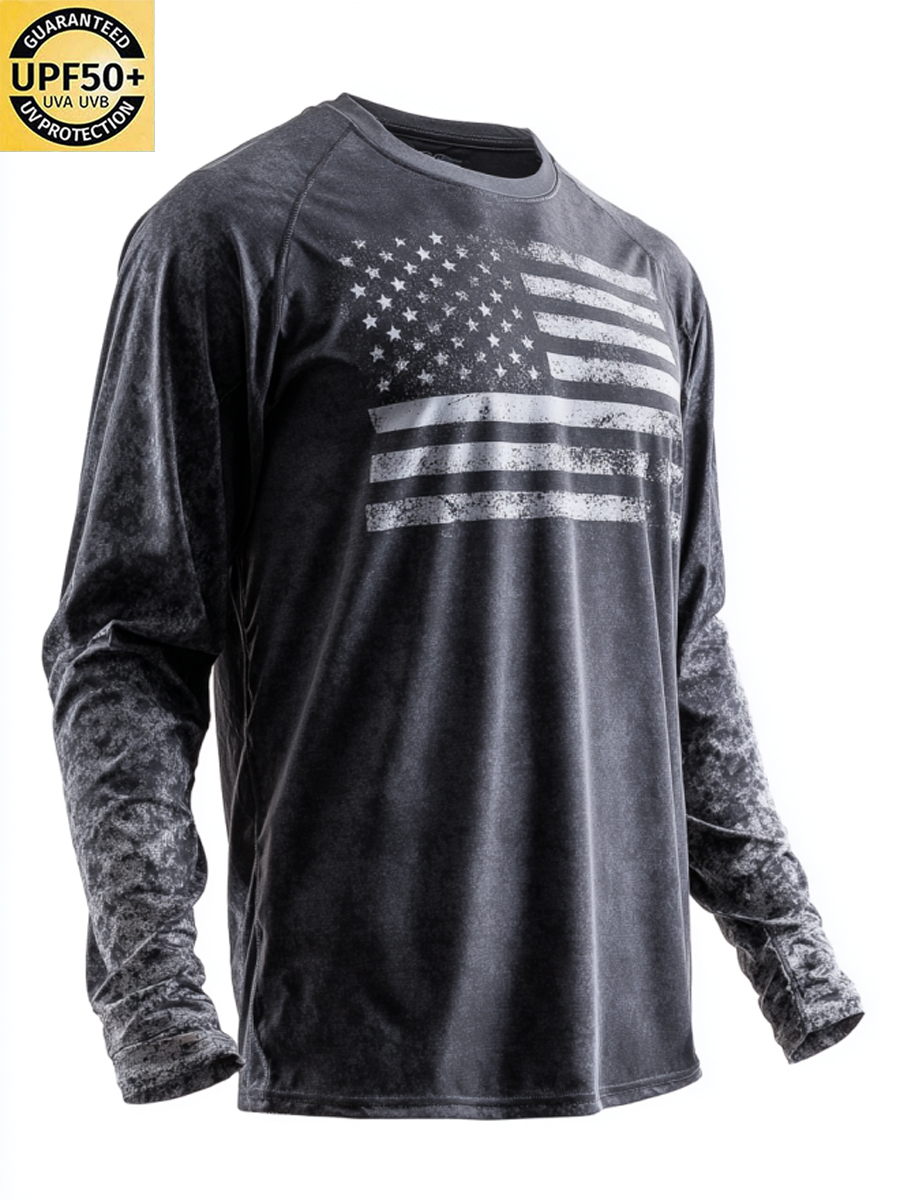 Men'S Retro Raglan Sleeve American Flag Textured Sun Protection T-Shirt-SunSeaUp