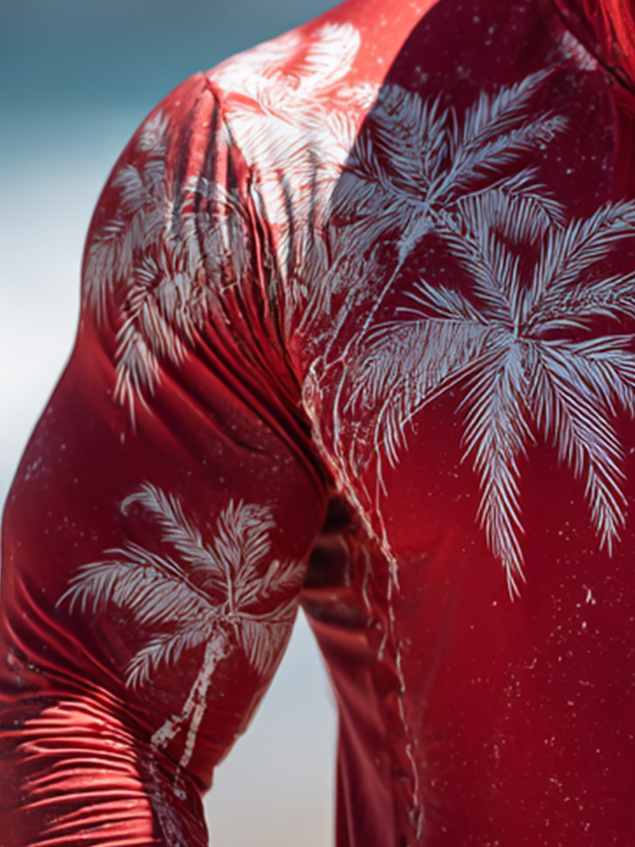 Men's "Red Palm Tree" Print Cool Breathable Long Sleeve Hooded Sun Shirt-SunSeaUp