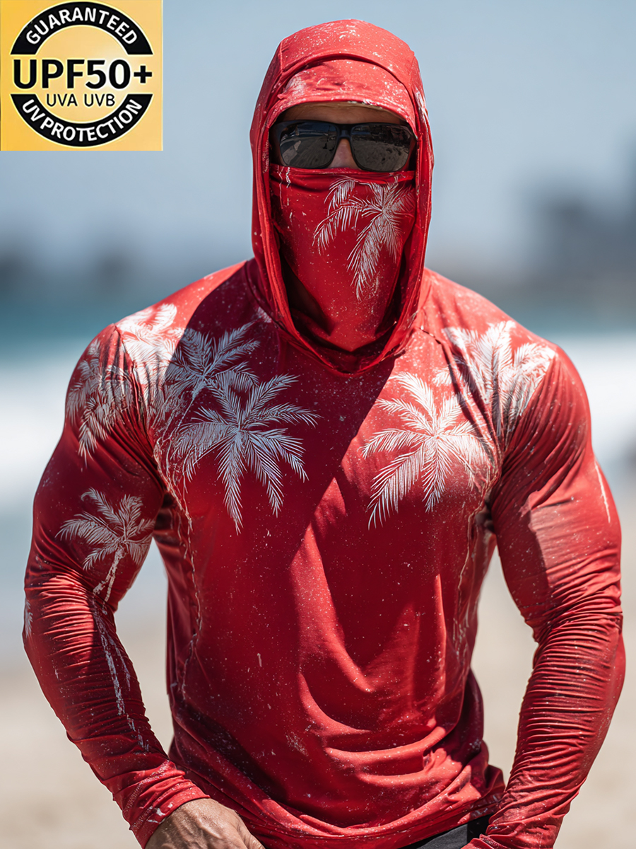 Men's "Red Palm Tree" Print Cool Breathable Long Sleeve Hooded Sun Shirt-SunSeaUp