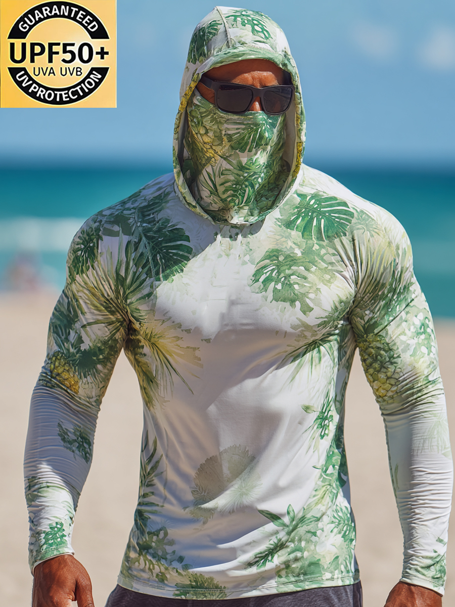 Men's "Tropical Palm & Pineapple" Print Cool Breathable Long Sleeve Hooded Sun Shirt-SunSeaUp