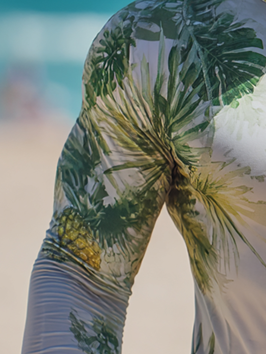 Men's "Tropical Palm & Pineapple" Print Cool Breathable Long Sleeve Hooded Sun Shirt-SunSeaUp
