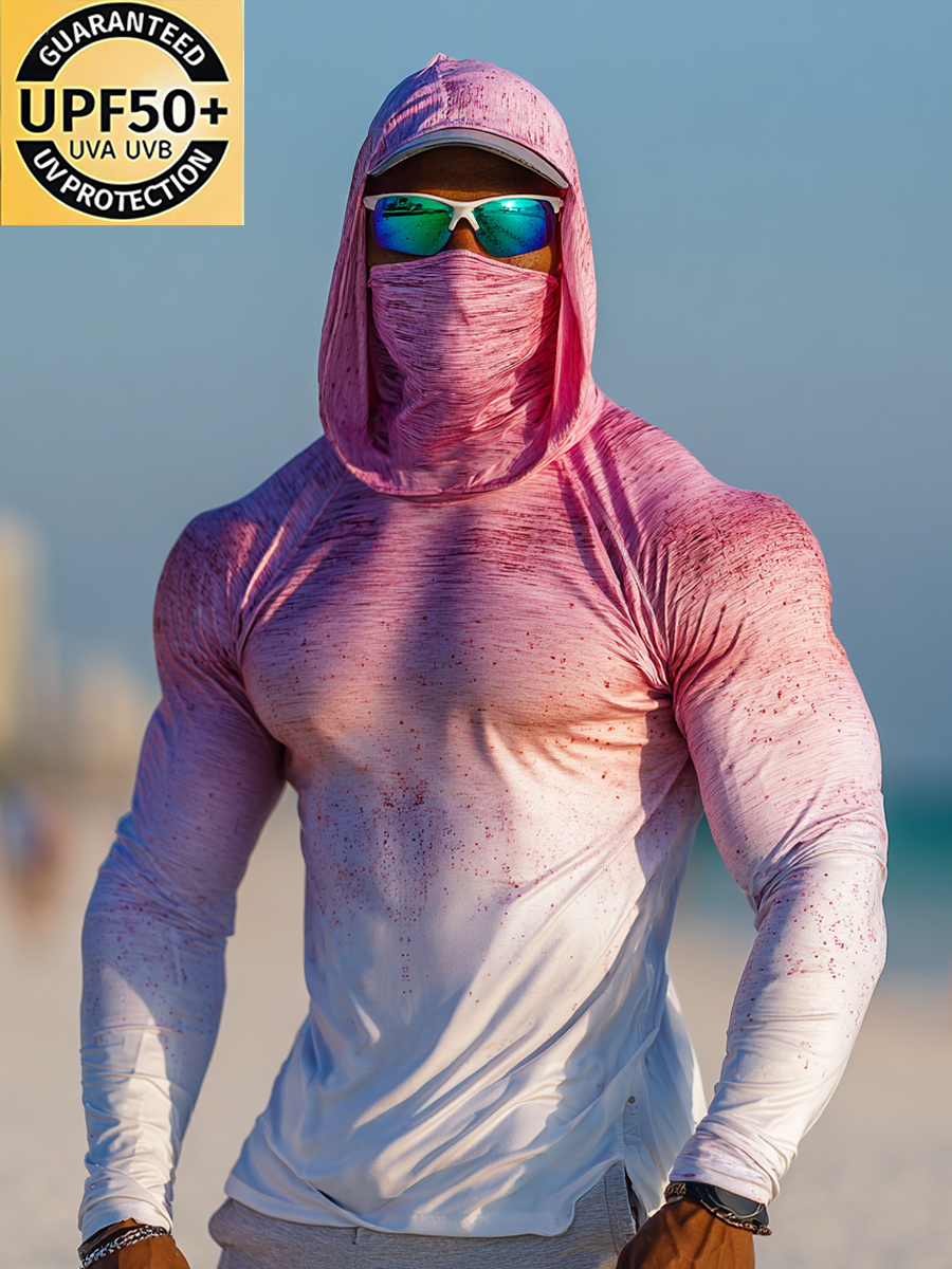 Men's Washed Pink Gradient Pattern Ultra-Cool Breathable Hooded-SunSeaUp