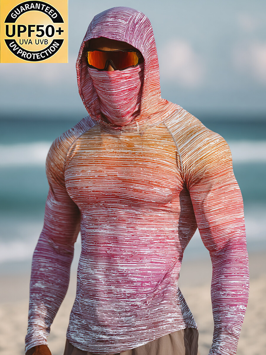 Men's "Pink to Orange Gradient Stripe" Print Cool Breathable Hooded-SunSeaUp