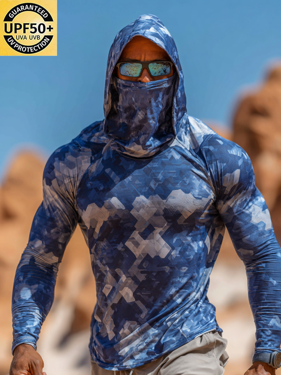 Men'S Geometric Camouflage Print Breathable Long-Sleeve Hooded Sun Protection Shirt-SunSeaUp