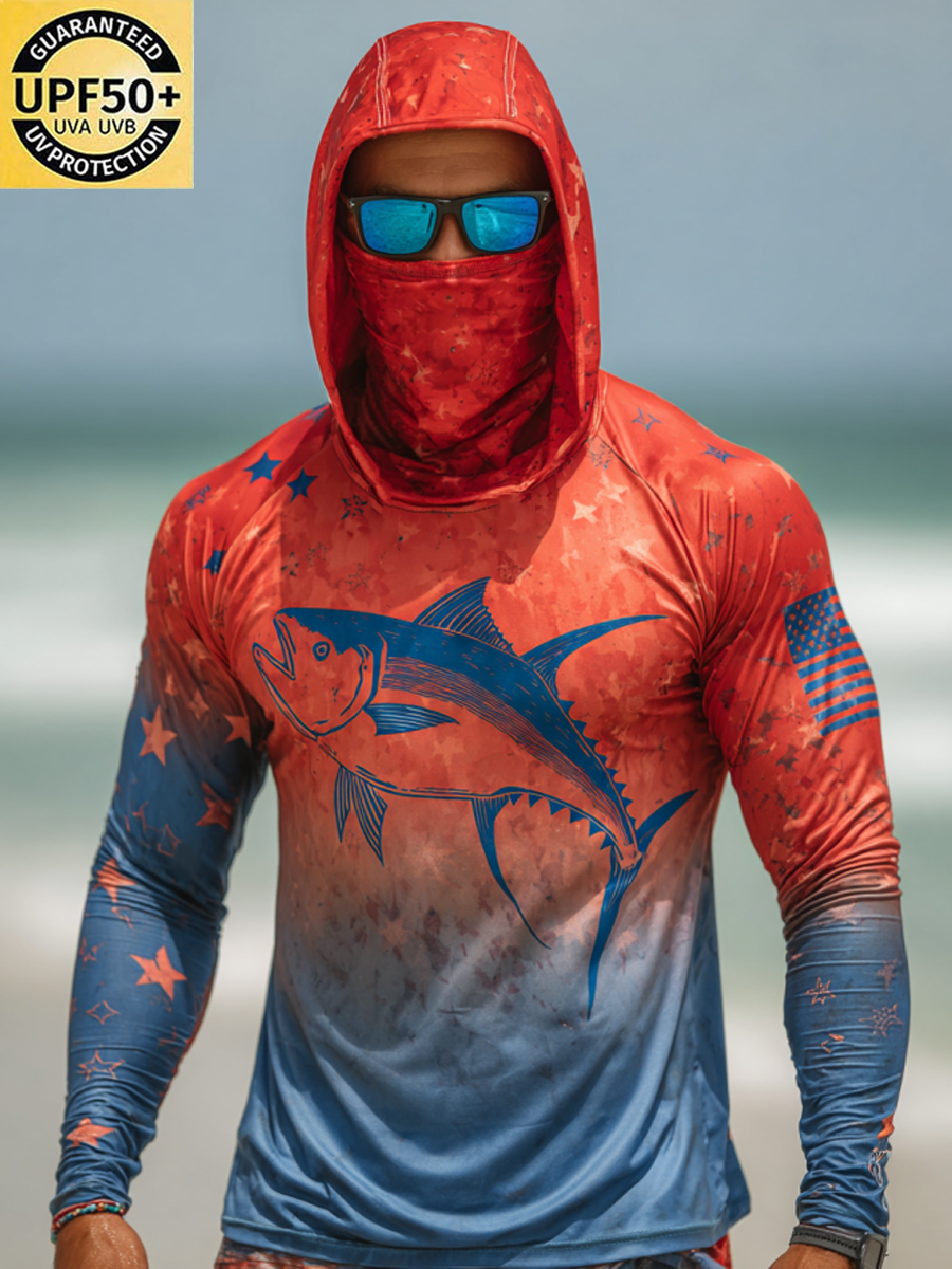 Men'S Blue Flag Tuna Silhouette Print Breathable Long-Sleeved Hooded Sun Protection Shirt-SunSeaUp