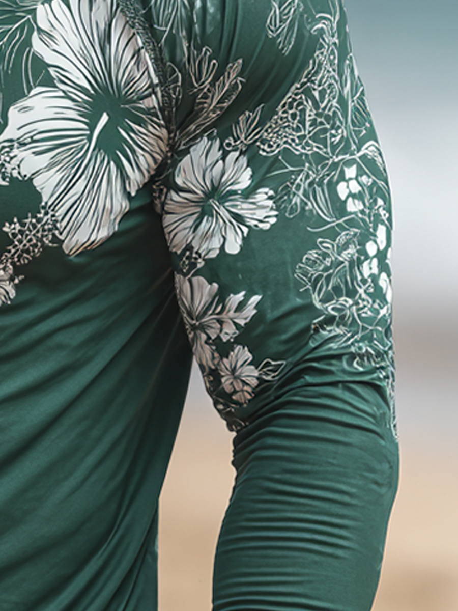 Men's "Dark Green Tropical Hibiscus" Print Cool Breathable Hooded-SunSeaUp