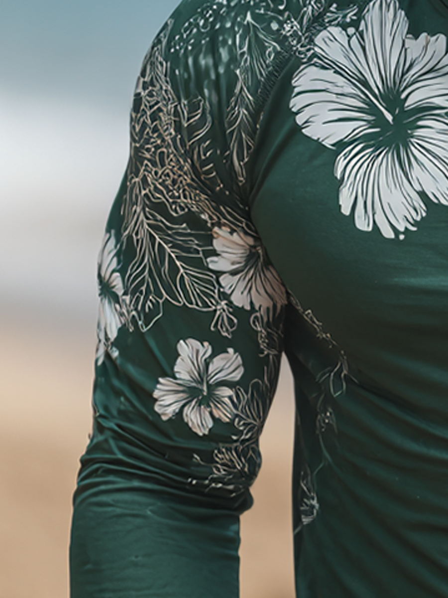 Men's "Dark Green Tropical Hibiscus" Print Cool Breathable Hooded-SunSeaUp