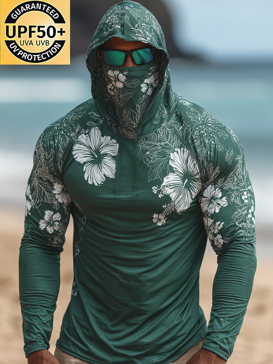 Men's "Dark Green Tropical Hibiscus" Print Cool Breathable Hooded-SunSeaUp
