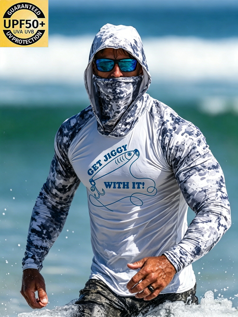 Men  “GET JIGGY WITH IT!” Camouflage Print Breathable Long-Sleeved Hooded Sun Protection Shirt-SunSeaUp