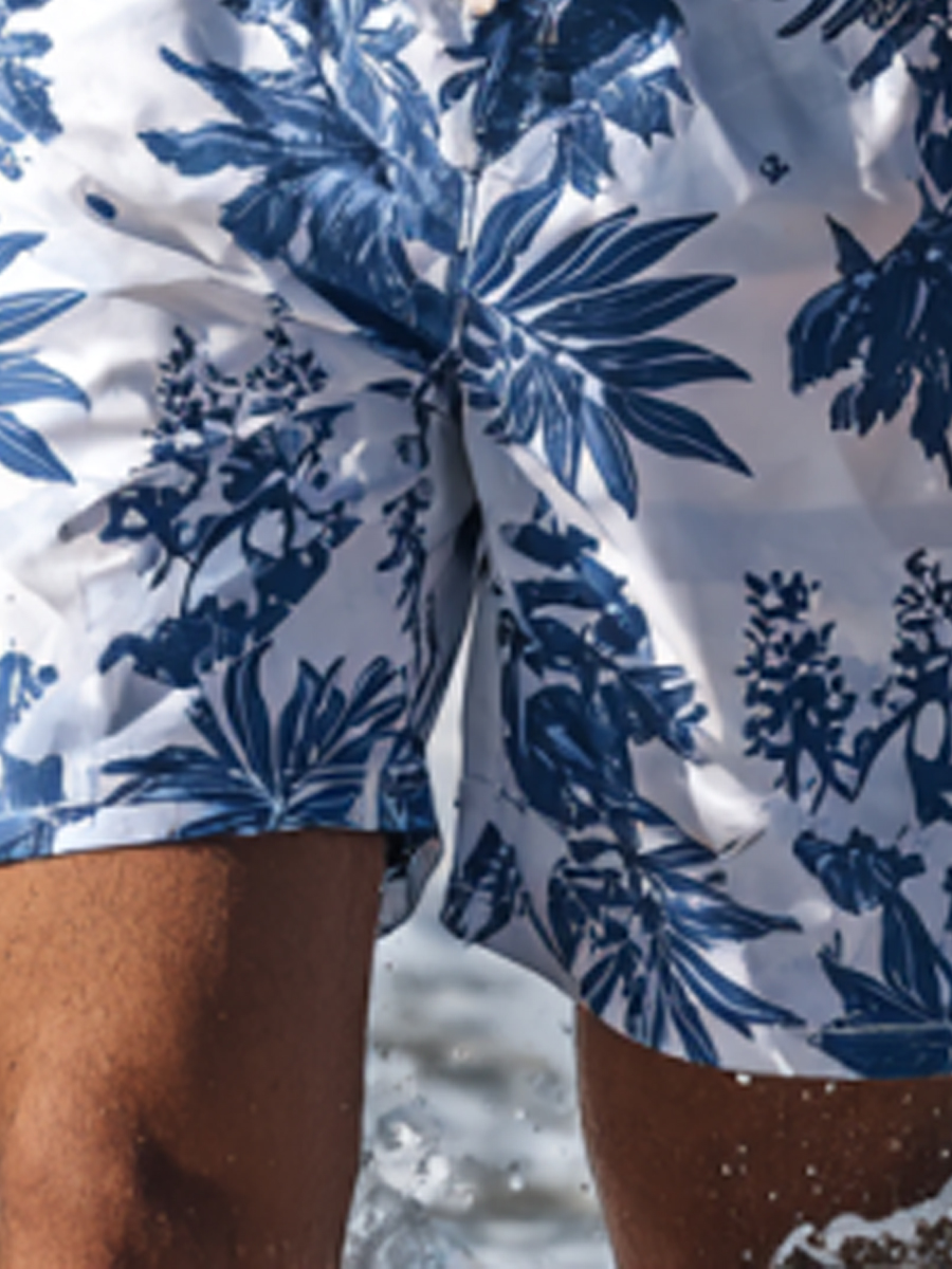 Men'S Blue Floral Print Beach Casual Quick-Drying Shorts-SunSeaUp