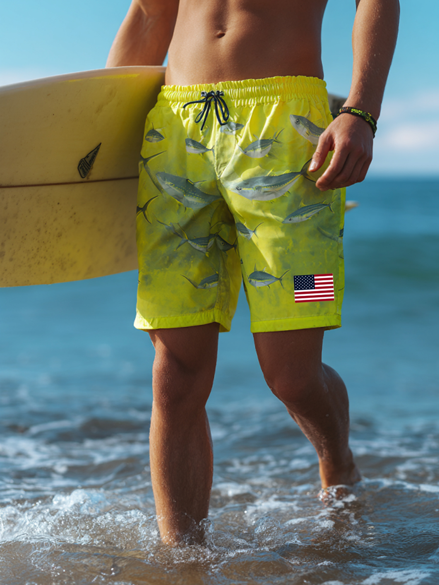 Men'S Blue Flag Tuna Fish Print Beach Casual Quick-Drying Shorts-SunSeaUp