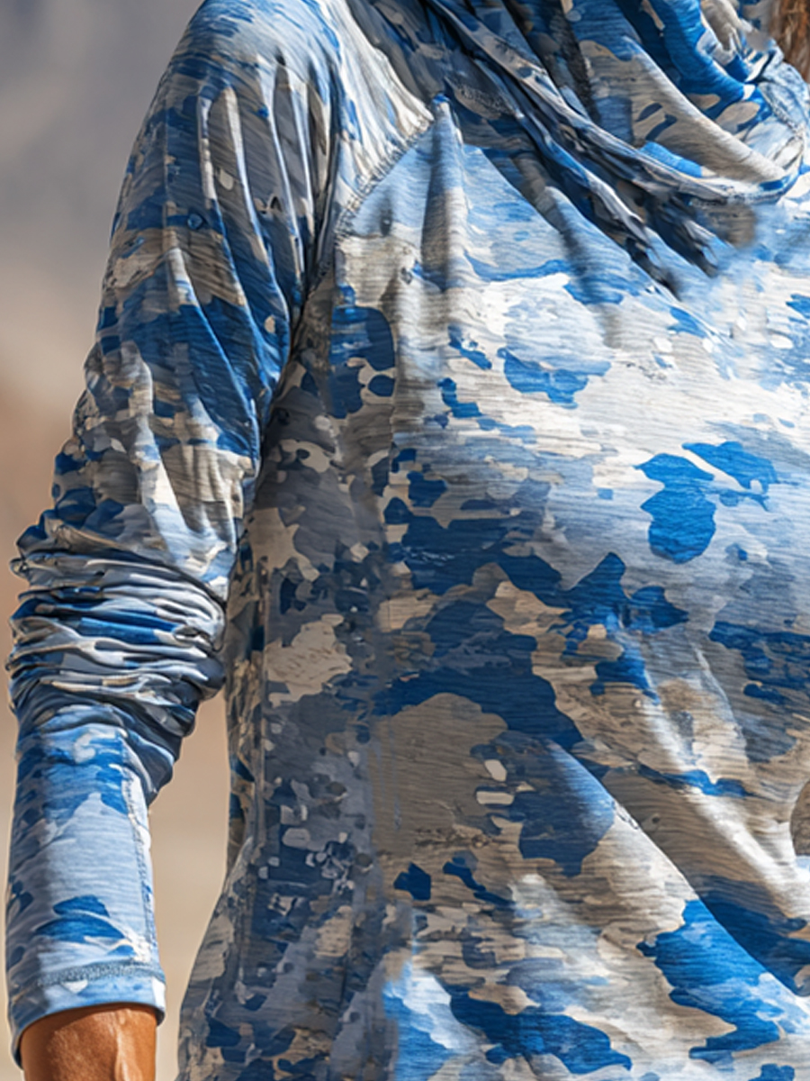 Women's Pixel Style Abstract Blue Camo Print Cool Breathable Sun Protection Hoodie-SunSeaUp