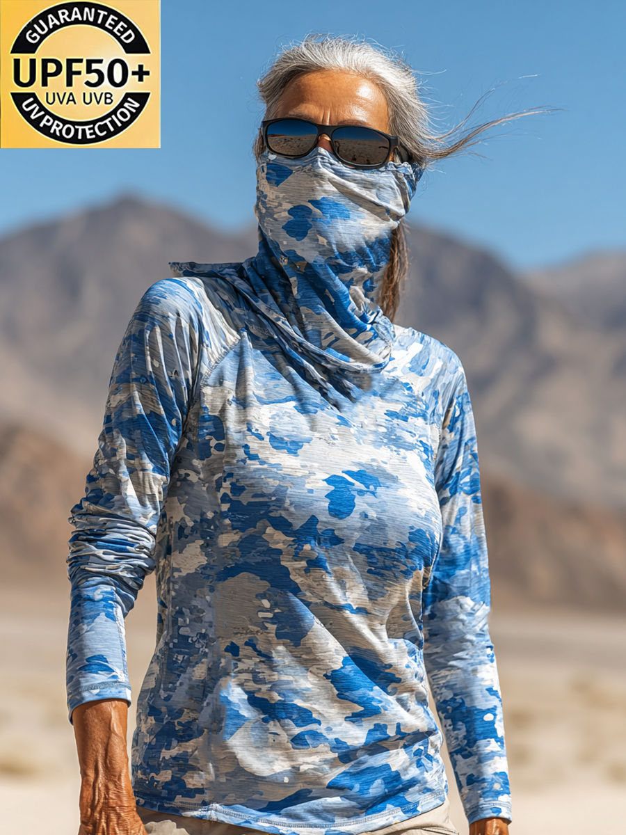 Women's Pixel Style Abstract Blue Camo Print Cool Breathable Sun Protection Hoodie-SunSeaUp