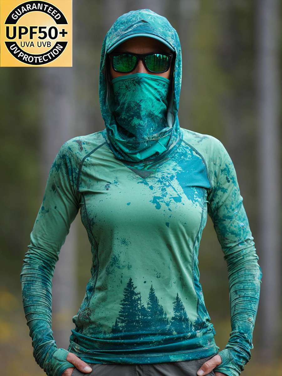 Women's Forest Silhouette Print Cool Breathable Sun Protection Hoodie-SunSeaUp