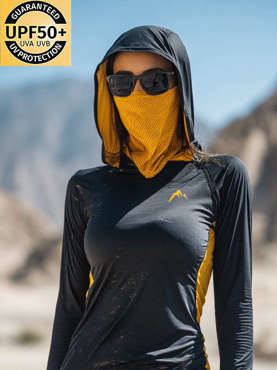 Women's Yellow Mountain Line Sign Retro Mottled Print Cool Breathable Sun Protection Hoodie-SunSeaUp