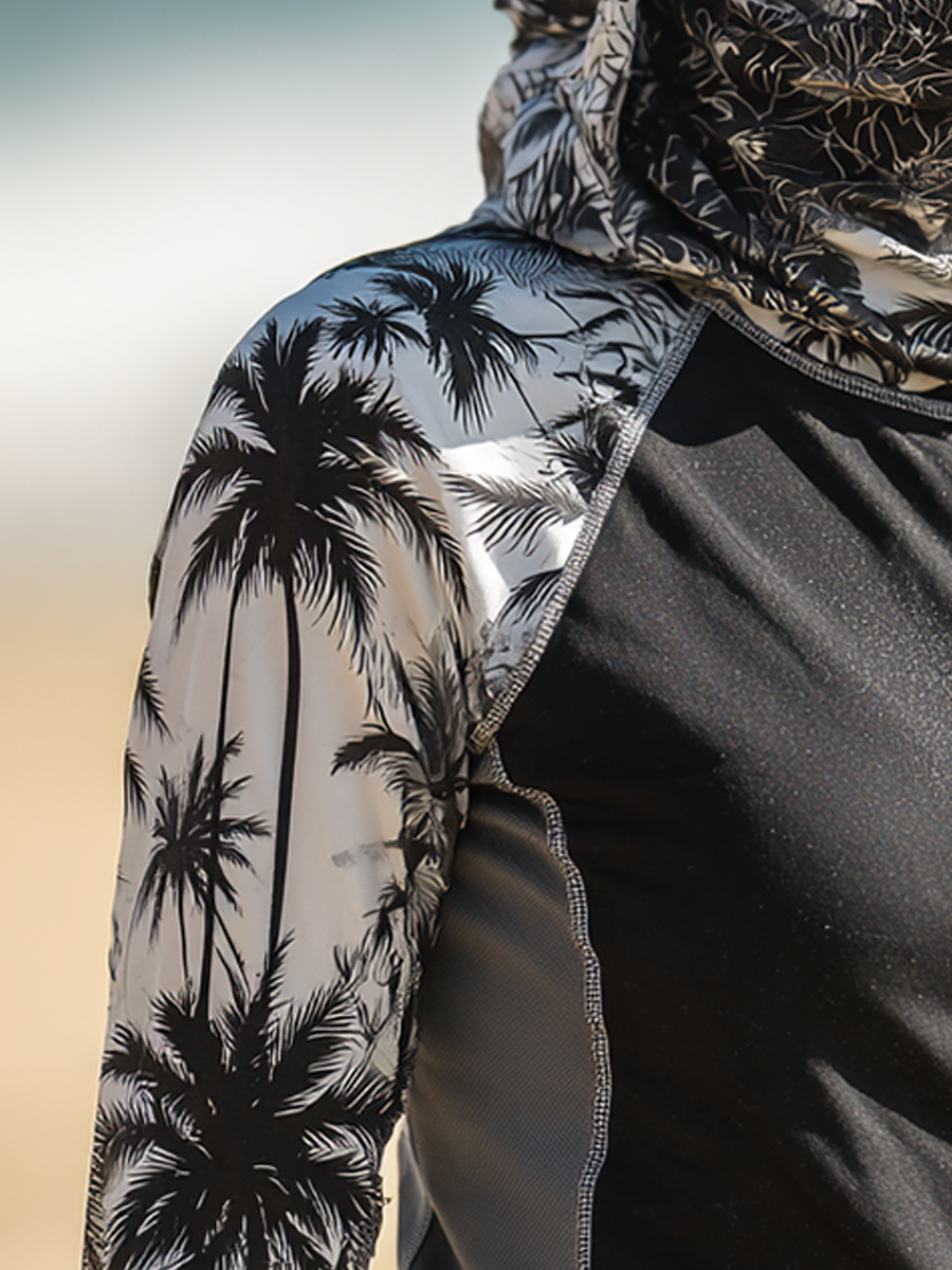 Women's Black And White Tropical Palm Tree Floral Print Cool Breathable Sun Protection Hoodie-SunSeaUp