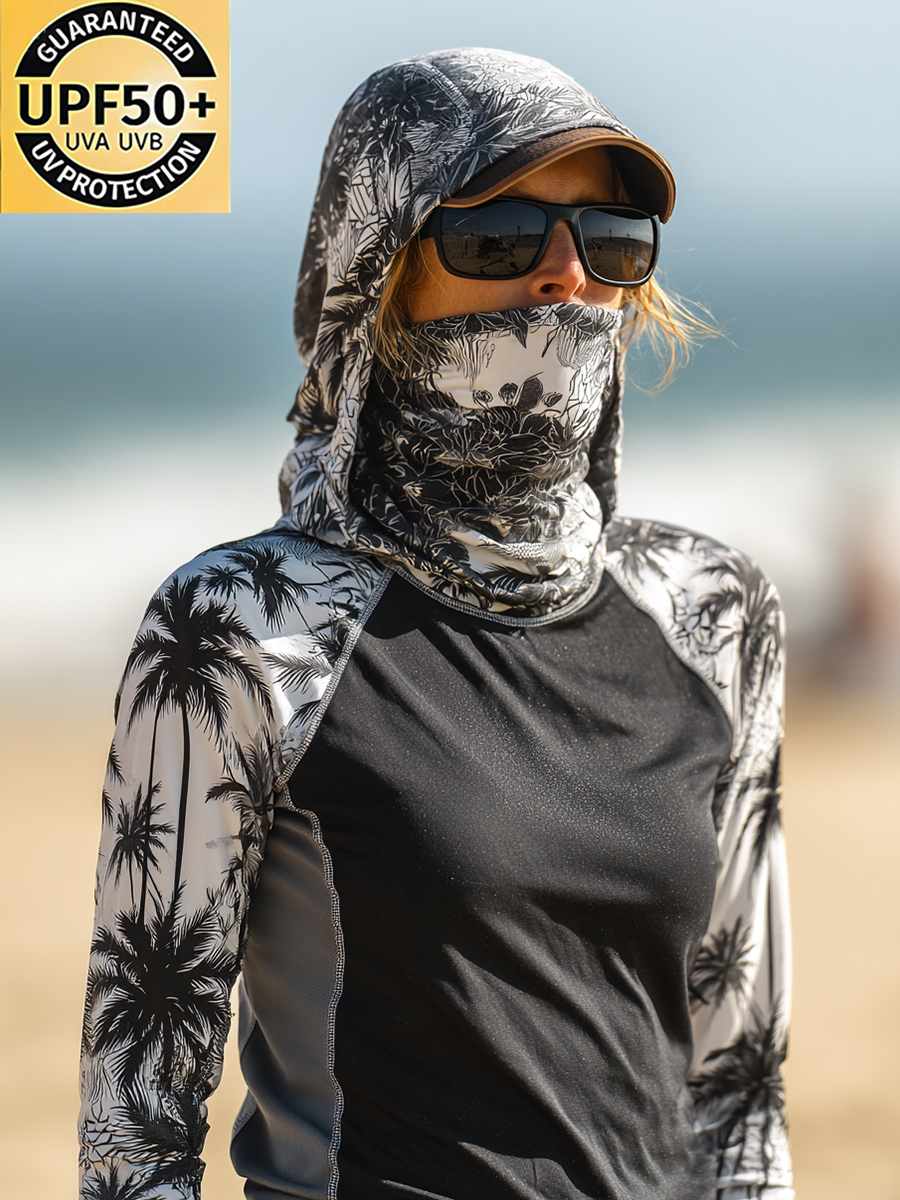 Women's Black And White Tropical Palm Tree Floral Print Cool Breathable Sun Protection Hoodie-SunSeaUp