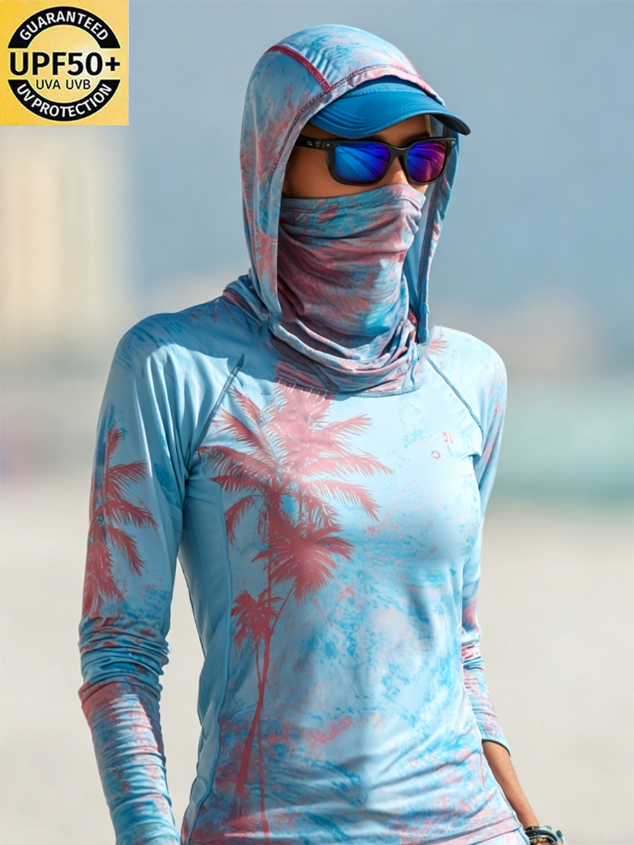 Women's Beach Tie-Dye Tropical Palm Tree Print Cool Breathable Sun Protection Hoodie-SunSeaUp