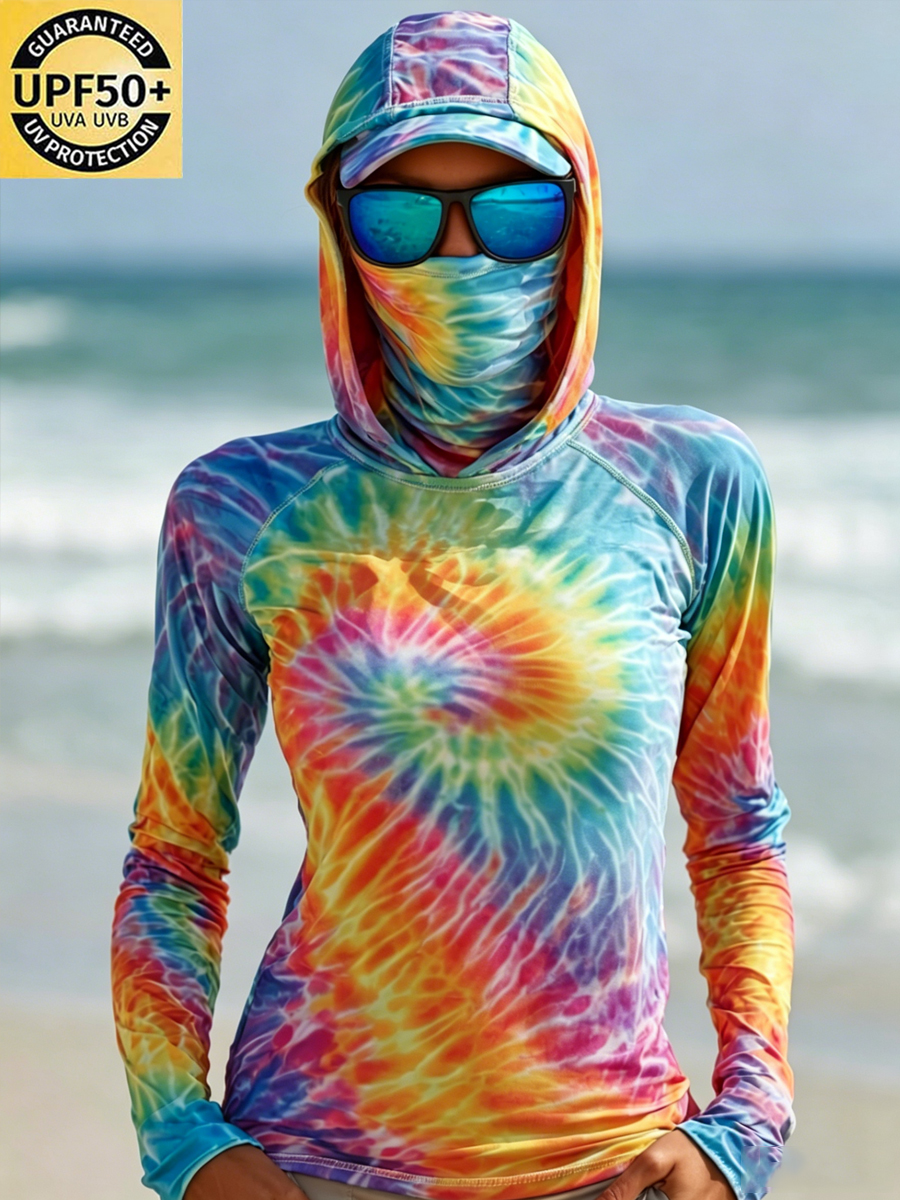 Women's Rainbow Spiral Tie-Dye Print Cool Breathable Sun Protection Hoodie-SunSeaUp