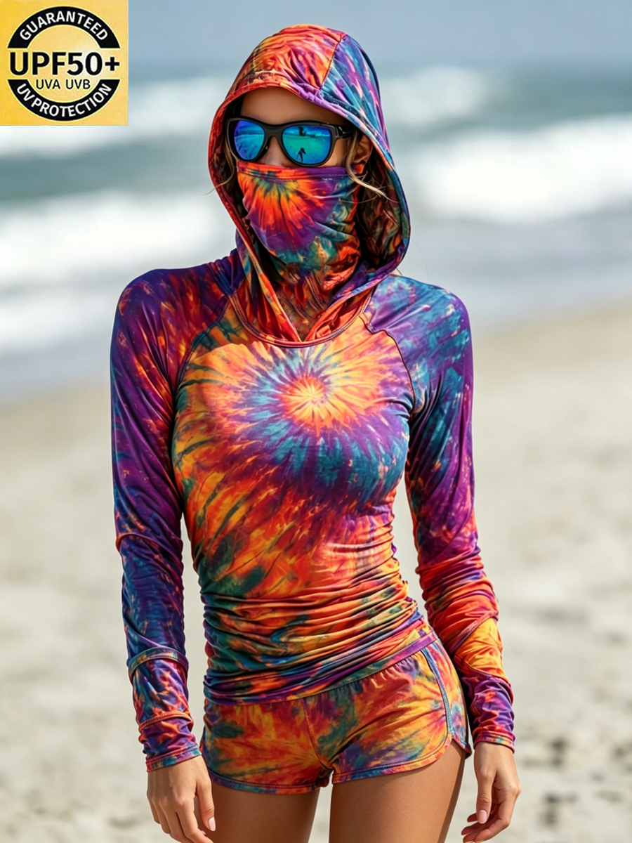 Women's Orange Purple Tie-Dye Print Cool Breathable Sun Protection Hoodie-SunSeaUp