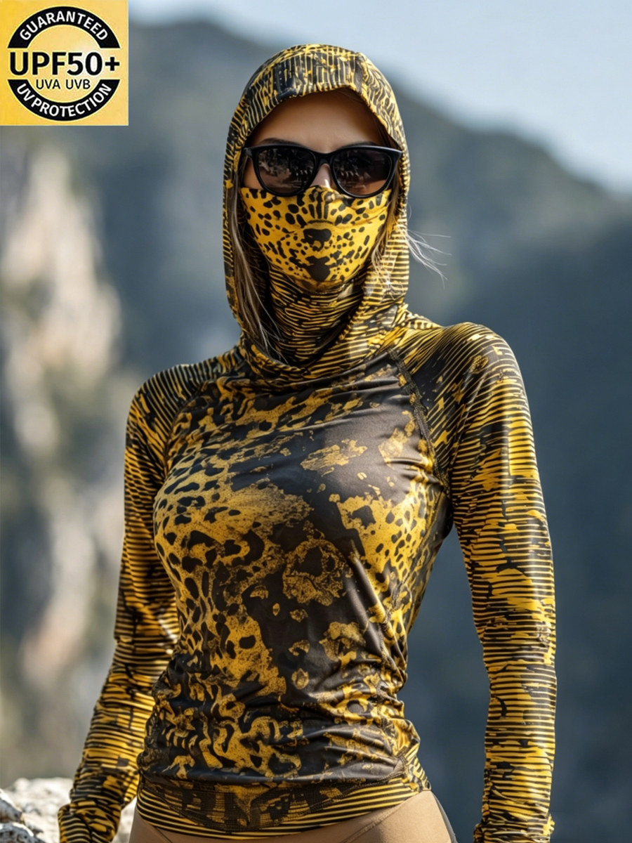 Women's Yellow Black Leopard Print Cool Breathable Sun Protection Hoodie-SunSeaUp