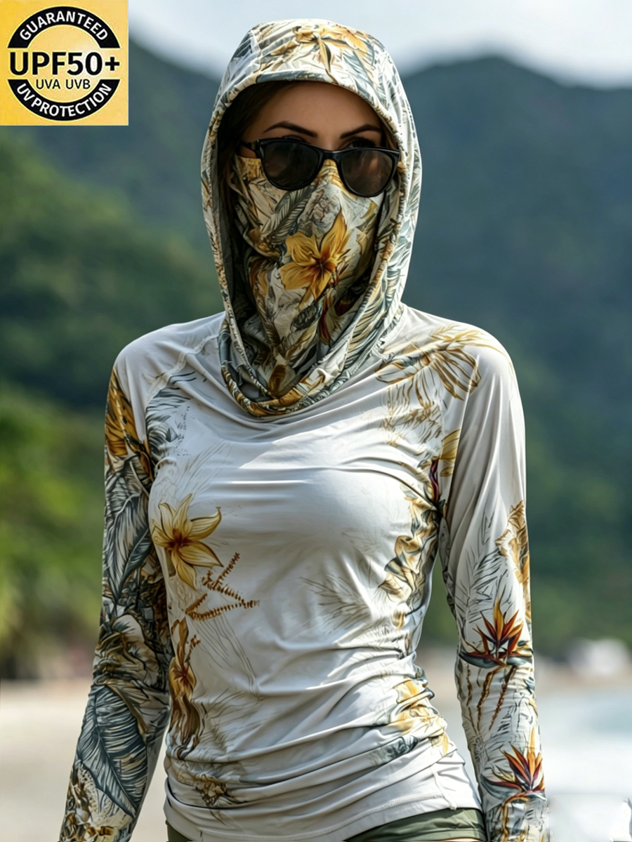 Women's Tropical Hibiscus Floral Print Cool Breathable Sun Protection Hoodie-SunSeaUp