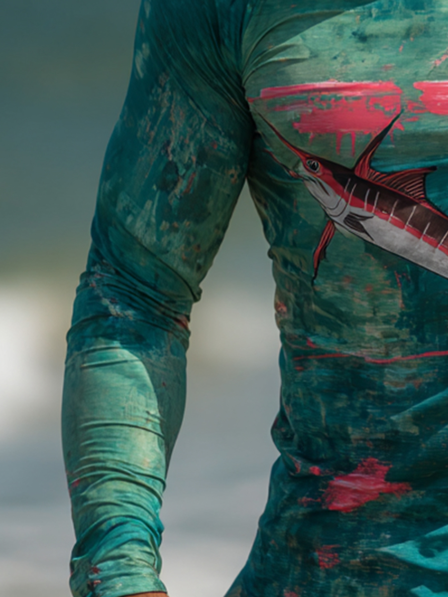 Men's Outdoor Sun Protection Breathable Cool Mask Abstract Graffiti Marlin Fish Print Hooded Sun Protection Long Sleeve Top-SunSeaUp