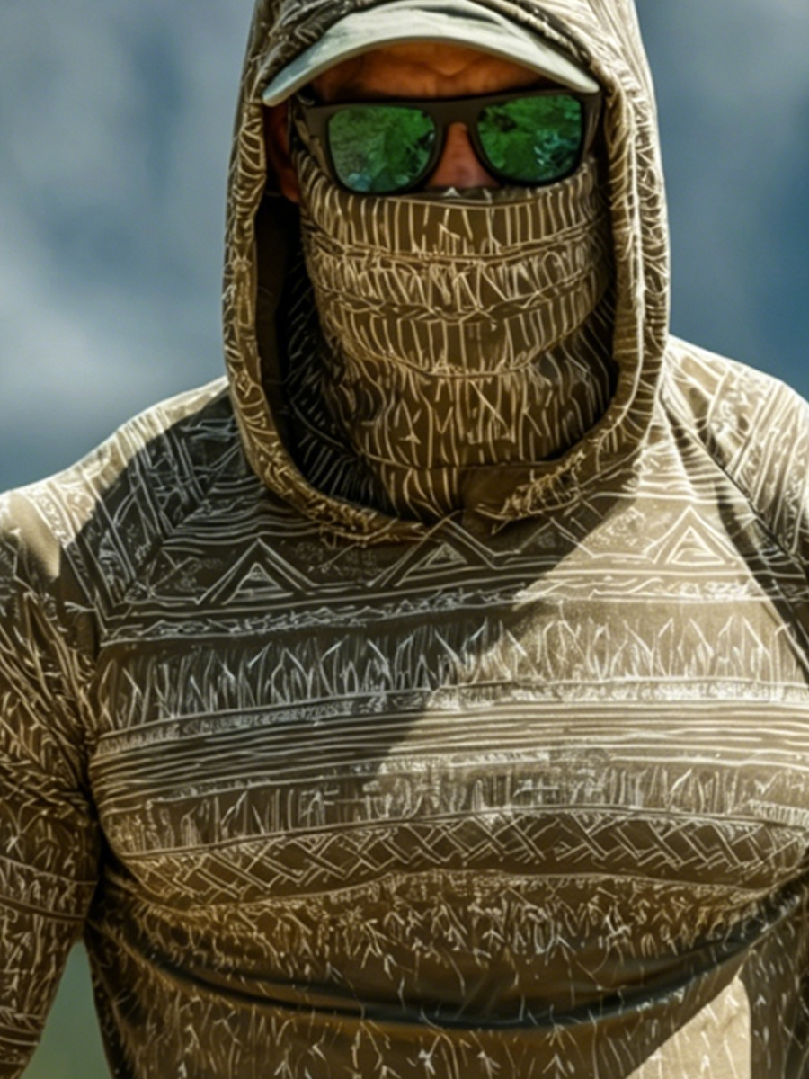 Men's Tribal Geometric Print Breathable Long-Sleeved Hooded Sun Protection Shirt-SunSeaUp
