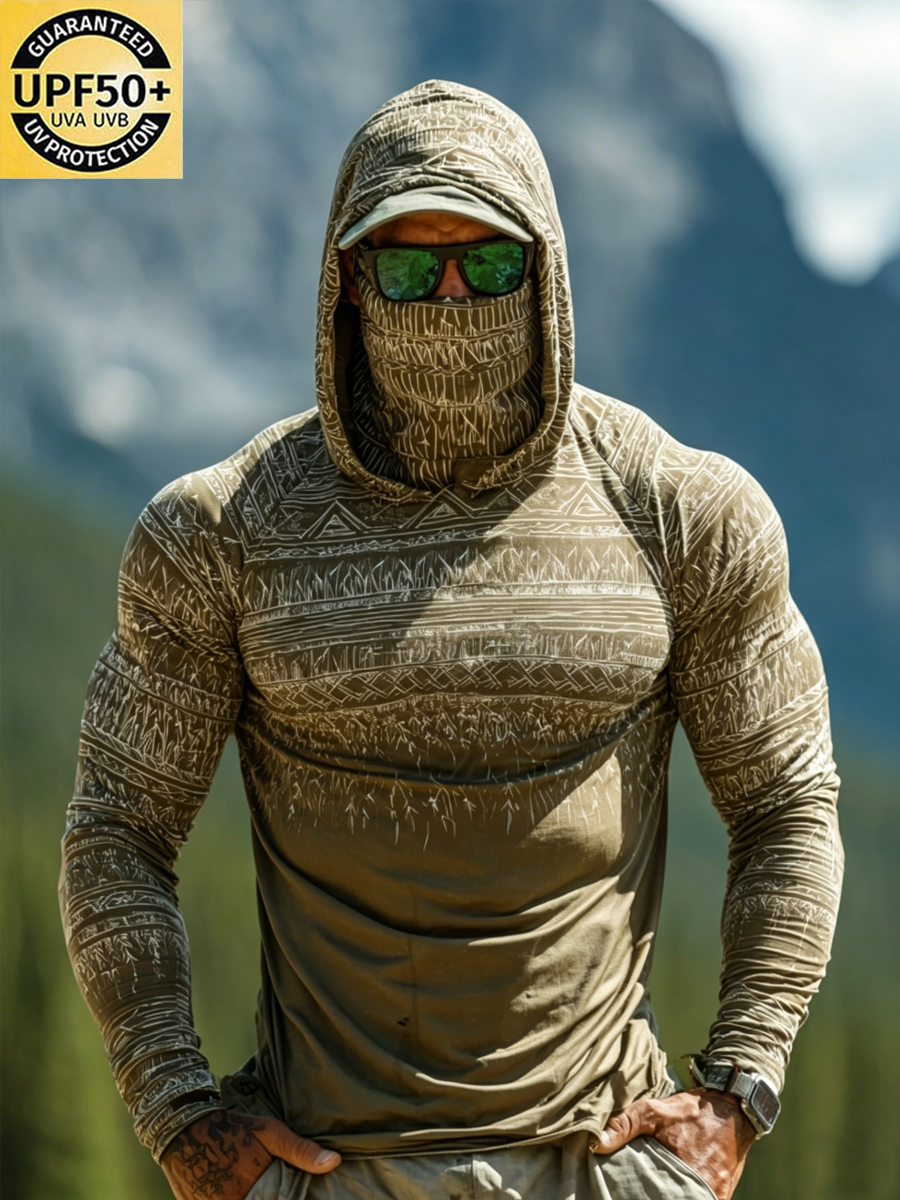 Men's Tribal Geometric Print Breathable Long-Sleeved Hooded Sun Protection Shirt-SunSeaUp