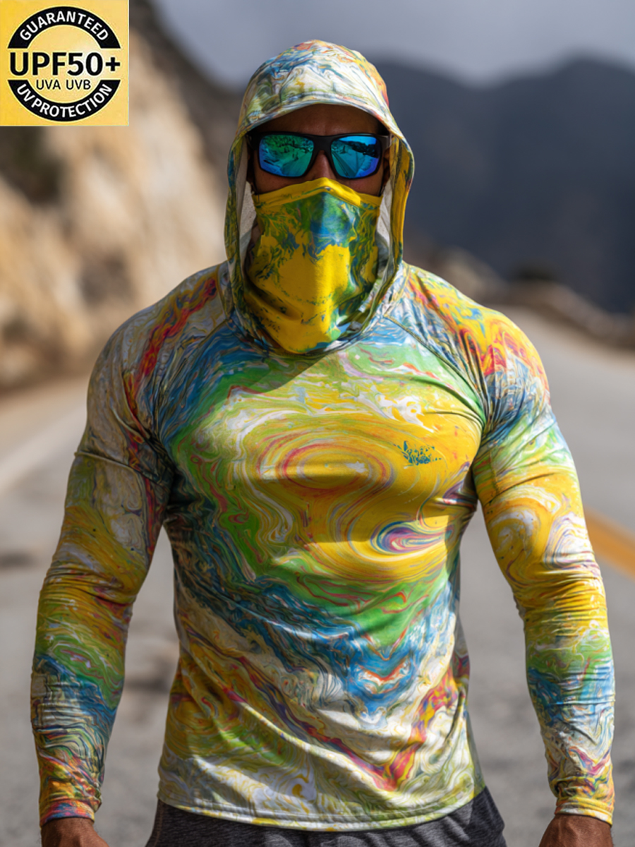 Men's Swirl Tie-Dye Print Breathable Long-Sleeved Hooded Sun Protection Shirt-SunSeaUp