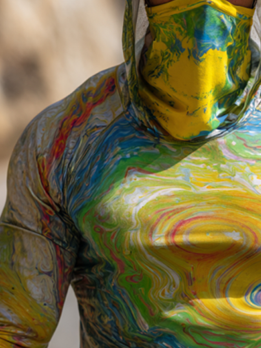 Men's Swirl Tie-Dye Print Breathable Long-Sleeved Hooded Sun Protection Shirt-SunSeaUp