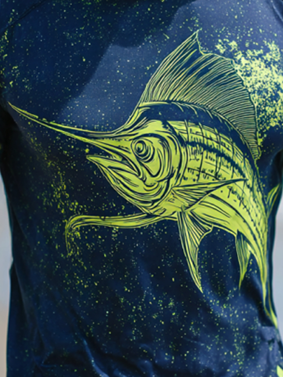 Men's Sailfish Camo Print Breathable Long-Sleeved Hooded Sun Protection Shirt-SunSeaUp