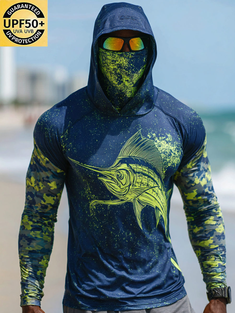Men's Sailfish Camo Print Breathable Long-Sleeved Hooded Sun Protection Shirt-SunSeaUp