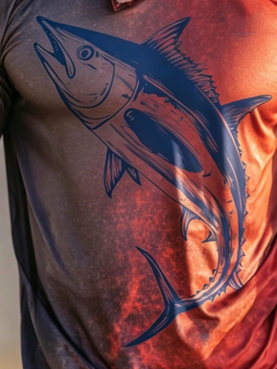Men's Tuna Fish Gradient Print Breathable Long-Sleeved Hooded Sun Protection Shirt-SunSeaUp